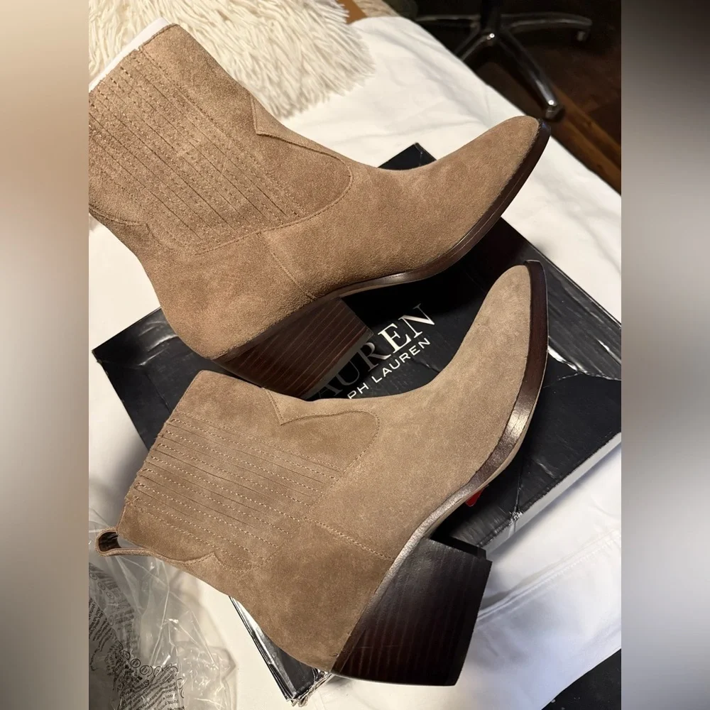 Ralph Lauren Racquel Womens Pointed Toe Leather Booties - Grey Suede - 10 - Picture 3 of 8